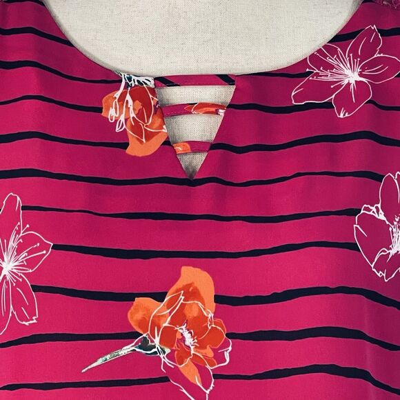 APT 9 Medium Top Floral Striped Round Keyhole Neck Short Sleeve Fuchsia Pink - Picture 2 of 8